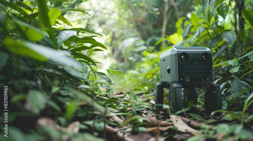 An AI robot conducting wildlife surveys in a natural habitat