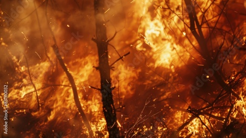 Close-up of flames engulfing trees in a forest fire, showing the rapid spread and intensity of wildfire flames
