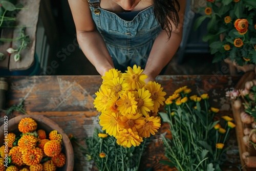 Woman holding bouquet of flowers