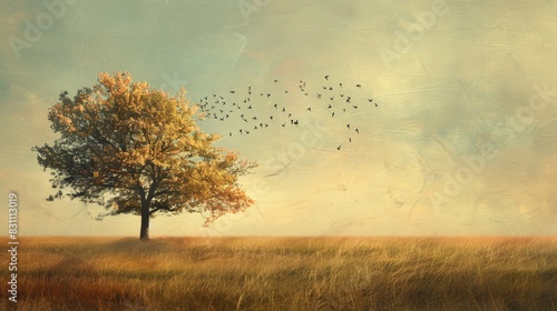 Soft pastel background with a lone tree shedding its leaves in an open field.