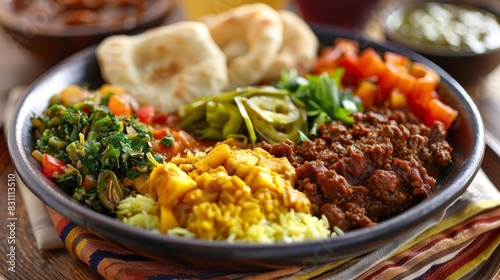 Experience the unique flavors of Ethiopian cuisine with injera, a spongy flatbread served with an array of flavorful stews and salads.