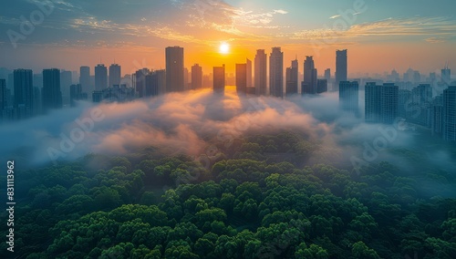 A city skyline with tall buildings and green trees, under the sunlight of dawn, symbolizing urban sustainability and environmental friendliness