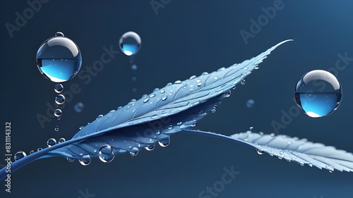 Isolated modern illustration of abstract blue water droplets falling from a green plant leaf. Low poly design with blue geometric background. Wireframe light connection structure. Modern 3D graphic