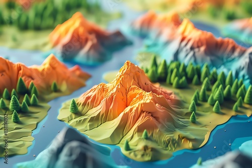 Nature landscape flat design top view outdoor 3D render Triadic color scheme