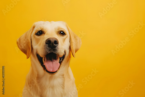 Golden dog facing the camera against a yellow backdrop, AI-generated.