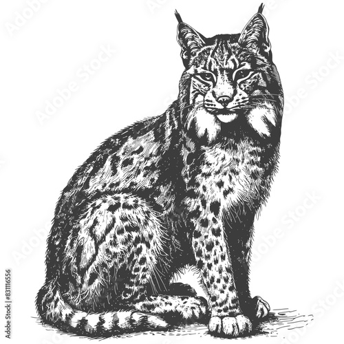 bobcat animal with engraving sketch style black color only