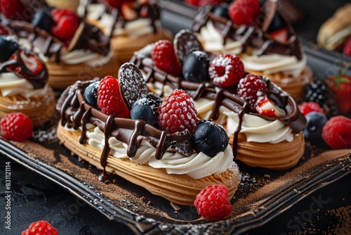 a plate of desserts with berries and chocolate