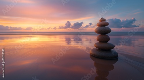 A tranquil scene of smooth, stone ellipsoids stacked in a precise, balancing act on a deserted beach at sunset, the warm colors of the sky reflecting off the wet sand.