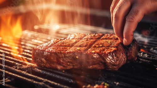 Close-up of a chef's hand grilling meat on the grill.