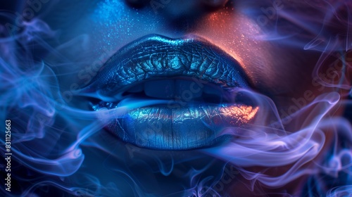 womans lips with metallic lipstick blowing blue smoke, vape shop banner