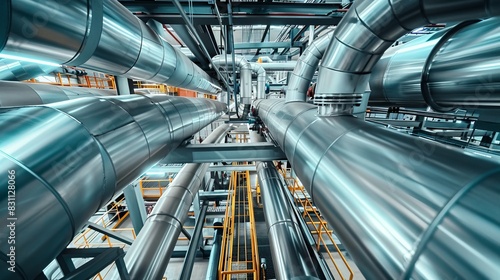 Steel pipelines running along the ceiling of a large manufacturing plant, with valves positioned at key junctions