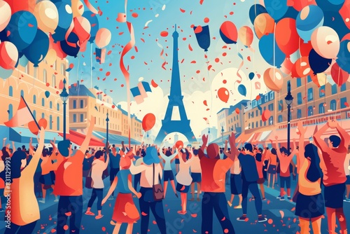 Crowd celebrating Bastille Day with balloons and flags near Eiffel Tower in Paris