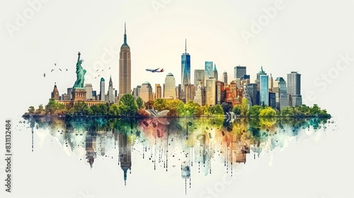 A colorful watercolor illustration of the New York City skyline. The image includes iconic landmarks like the Statue of Liberty, the Empire State Building and Central Park.