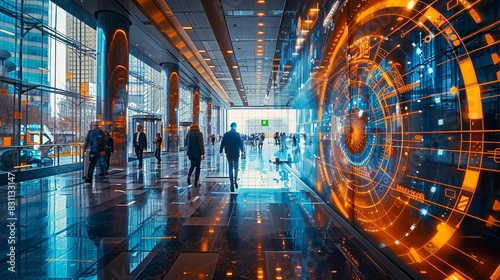 Businesspeople walking through a corporate lobby with floating digital interfaces and quantum data streams, showing a tech-integrated environment. Minimal and Simple style