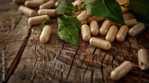 Capsules of herbal medicine on a wooden background