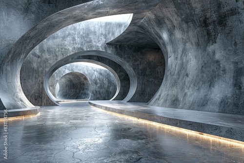 Spacious tunnel, concrete walls, bench