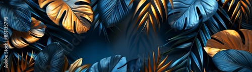 Beautiful luxury dark blue textured 3D background, golden, green, and blue tropical leaves, elegant and sophisticated, AI generated, Digital Art 8K , high-resolution, ultra HD,up32K HD