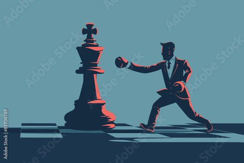 Businessman Boxing Against Giant Chess Piece, Challenging Competition Strategy Concept