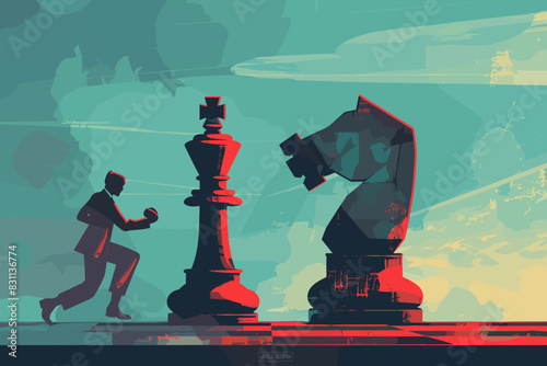 Businessman Boxing Against Giant Chess Piece, Challenging Competition Strategy Concept