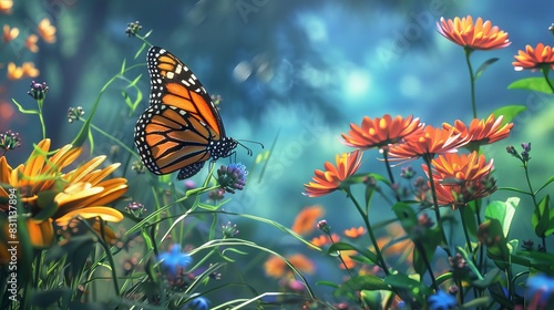 A Monarch butterfly delicately perched on vibrant summer flowers, with a dreamy blue foliage backdrop in a fairy garden setting