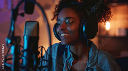 Female singer recording vocals in a professional studio with headphones and microphone