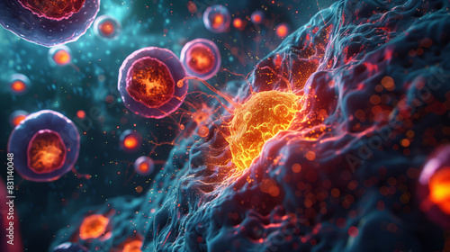 cell mutation, highlighting the differences between normal and mutated cells in a vibrant cellular landscape 