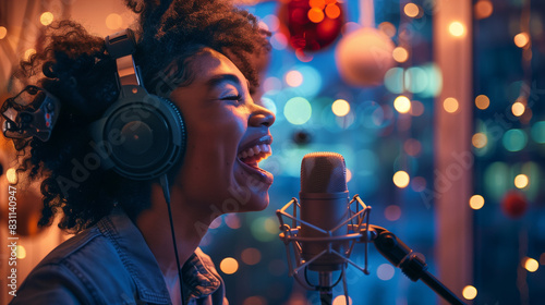 Female singer recording vocals in a festive studio with colorful lights