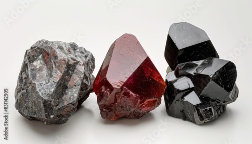 Three different mineral stones in red, grey and black.