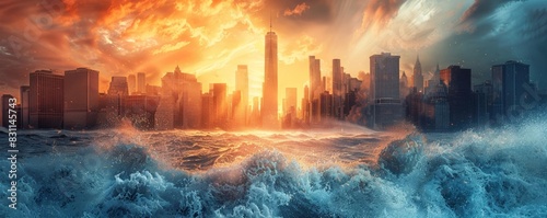 A large wave is about to hit a city. The wave is very tall and the city is in danger. The sky is orange and the water is blue. The city is full of buildings and people.