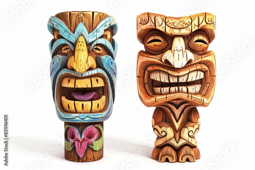 Pair of wooden tiki statues standing together