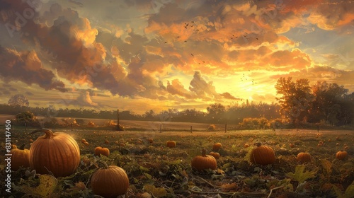 Autumn sunrise with pastel skies over a field of pumpkins and gourds.