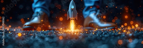 A rocket launch viewed from below with a blurred background of lights.