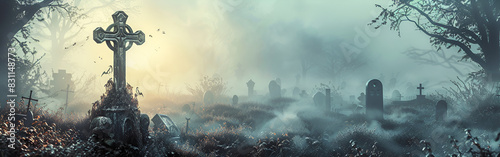 Deserted Halloween Cemetery Gloomy graveyard ghostly mysterious foggy background 