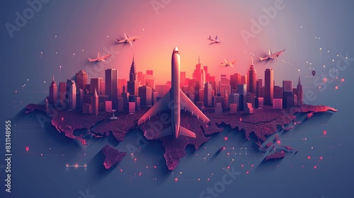 A stylized airplane taking off from a city skyline with a world map in the background.