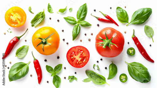 Colored set green red yellow of tomato pepper chili background