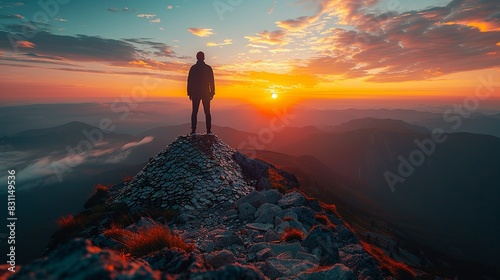 A silhouette of a person standing atop a mountain of coins, with a sunrise backdrop, representing triumph and financial achievement. Minimal and Simple style