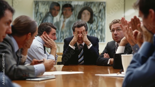 A business meeting where participants show confusion and frustration, unable to reach a consensus