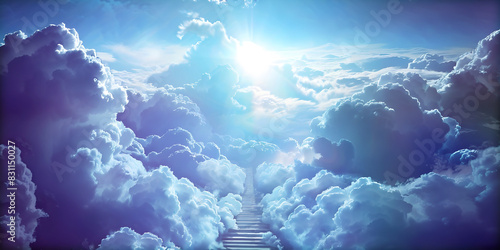 Stairway leading to the Heavens Above - beautiful huge billowing cumulus clouds and bright sun in far distance with a stairway through the middle ideal for a religious or spiritual theme 