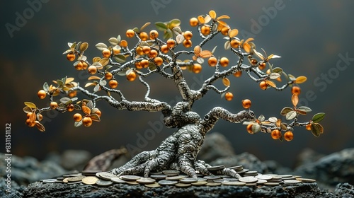 A tree with roots made of silver coins and branches bearing golden fruits, symbolizing foundational financial success and growth. Minimal and Simple style