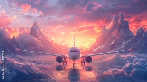 An airplane prepares for takeoff against a dramatic, colorful sunset sky and mountain range.