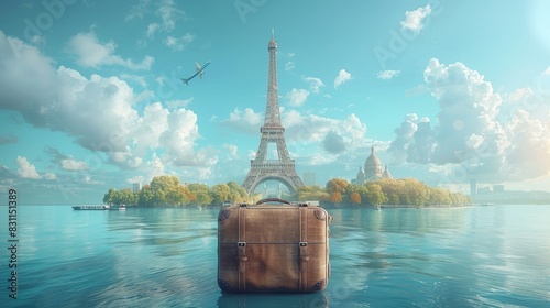 An old suitcase floats in the Seine River, with the Eiffel Tower and a beautiful Parisian sky in the background.