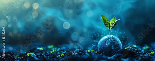 World environment day concept, A young plant sprouting from the globe in blue abstract background with bokeh and light effect. Digital futuristic technology for ecology.