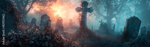 Halloween graveyard smokey night horror haunted graveyard foggy dark background 