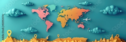Paper world map with colorful continents and clouds on a blue background.