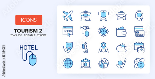 Line icons about tourism and travel destinations. Contains such icons as booking, cruise, golf and more. 256x256 Pixel Perfect editable in two colors. Set 2/2