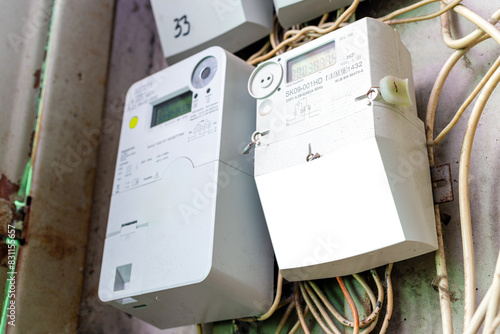 White blank mockup, advertisement. Household electricity meter in the apartment building.