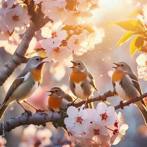 Flock of birds are singing happily on the branches of a tree with spring flower blossoms