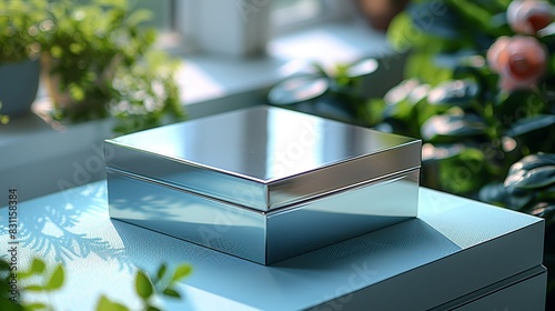 A sleek silver packaging box with a shiny finish placed on a soft blue surface, blending modernity with simplicity. Minimal and Simple style