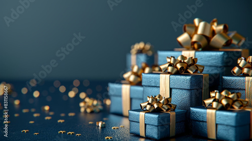 Elegant blue gifts with golden bows and ribbons on blue background