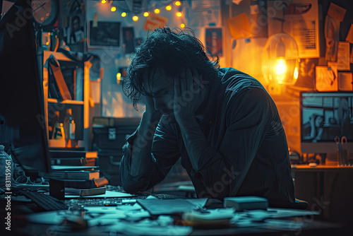 A cinematic still of a man sitting at his desk, his head in his hands. Created with Ai